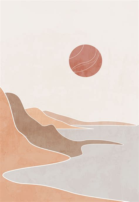 Boho Modern Terracotta Ocean Poster Landscape Drawing Boho Etsy In