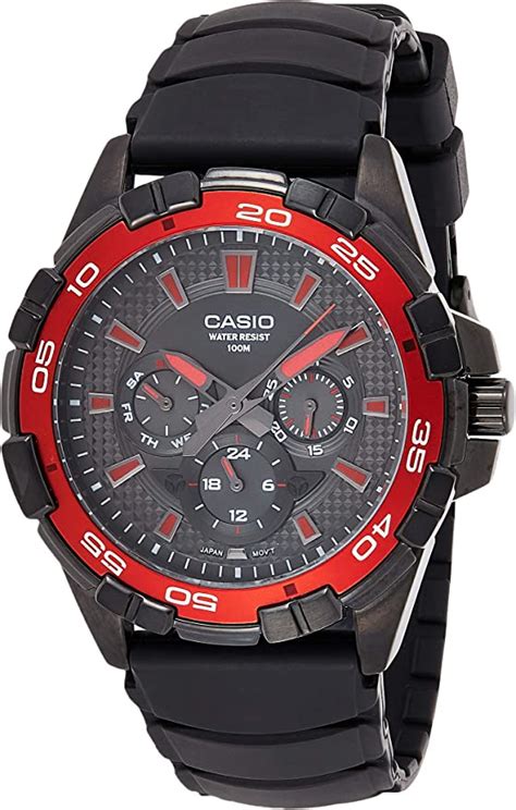 casio men s mtd1069b 1a2 round analog black and red dial and black resin strap watch casio