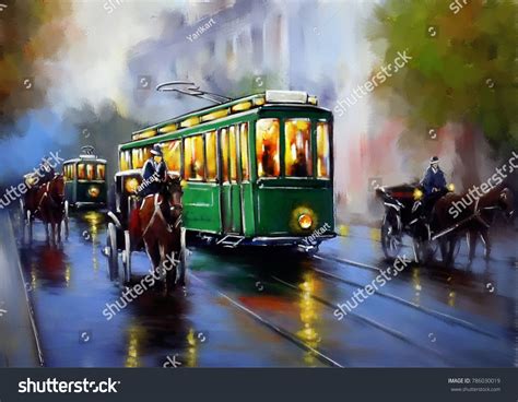 Old Tram Oil Paintings Landscape City Stock Illustration 786030019