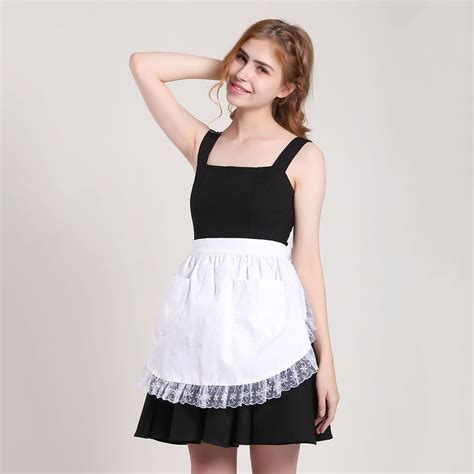 Women Vintage Waist Apron Lace Ruffles With 2 Pockets Headband Maid