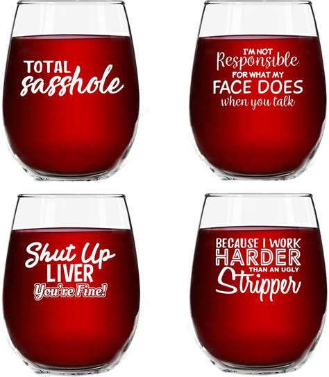 Set Of 4 Crude And Rude Funny Wine Glasses 15 Oz Novelty Glassware Ts For Women Hilarious