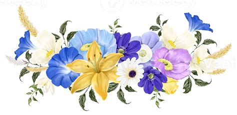 Free Spring Floral Bouquet Watercolor Blue And Yellow Flower Blooming
