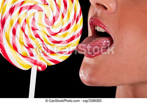 Woman Sucking Cute Sweet Candy Closeup Lips Tongue Isolated On Black Background Canstock