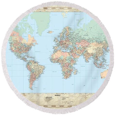 Huge Hi Res Mercator Projection Political World Map Round Beach Towel