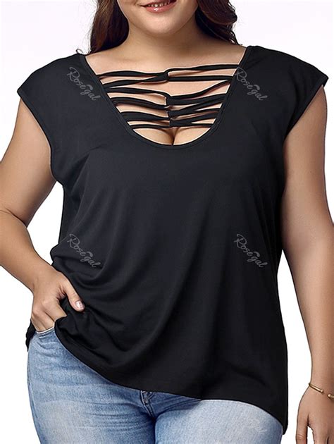 Black 3xl Stylish Plus Size Plunging Neck Criss Cross Top For Women