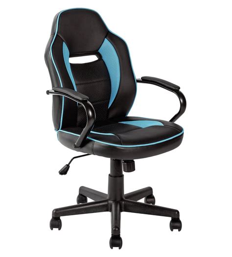 A Black And Blue Office Chair With Wheels On The Back In Front Of A