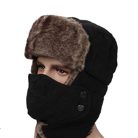 Winter Trapper Hat With Ear Flap Chin Strap Faux Fur Windproof Mask