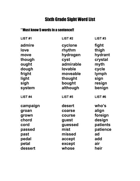 6th Grade Words List