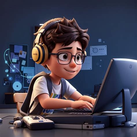 Premium Ai Image Young Boy Hearing Music On Computer 3d Character