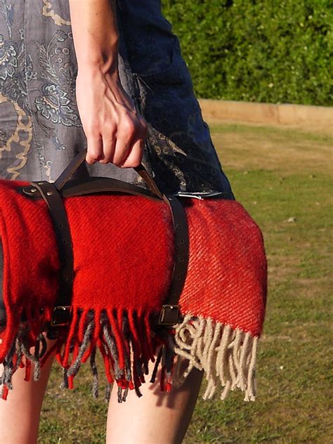 Red And Grey Wool Picnic Blanket With Leather Carry Straps And Waterproof Backing Wool Throw
