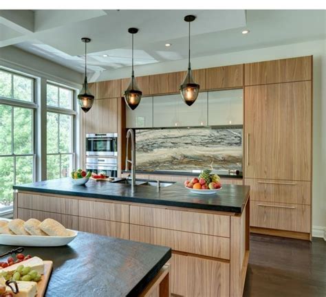 Love The Light Walnut Flat Front Cabinets Quartzite Backsplash And