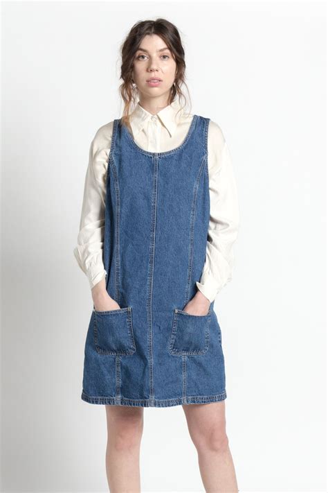 Vintage 90s Blue Cotton Denim Jumper Dress With Pockets M Vaux Denim Jumper Dress Denim