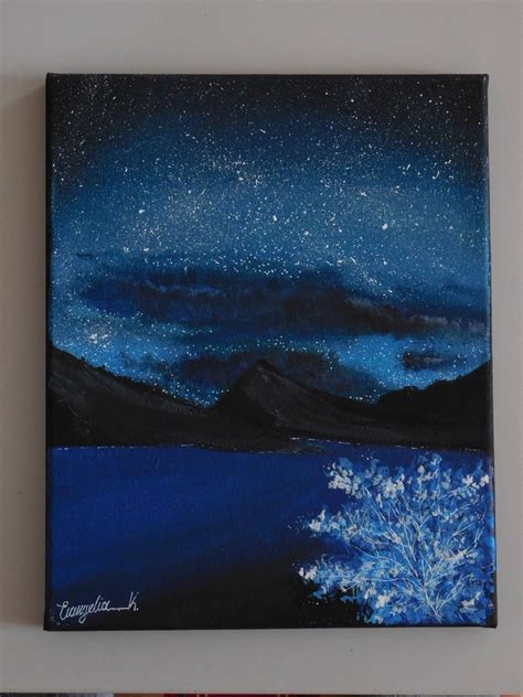 Night Sky Mountainsseastars Painting With Acrylic Paint And Blue