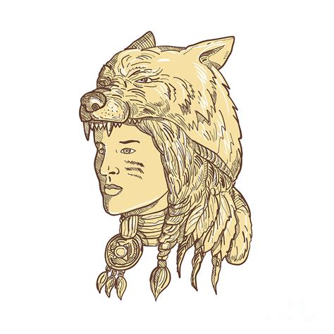 Native American Woman Wearing Wolf Headdress Digital Art By Aloysius