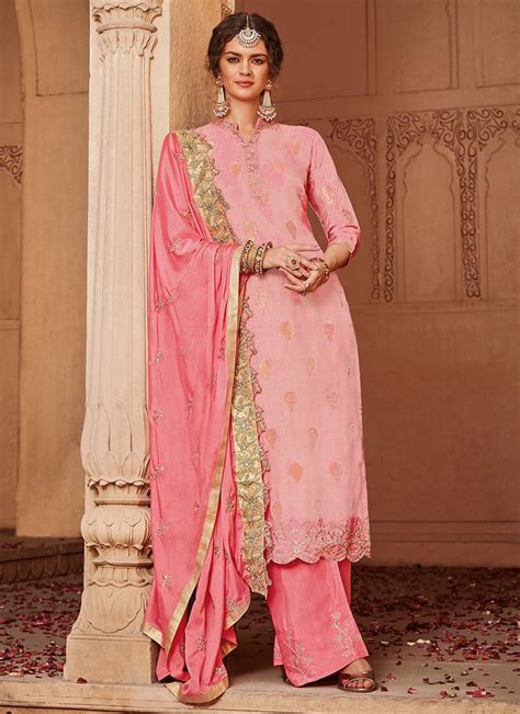 Buy Pink Art Silk Palazzo Suit Party Wear Embroidered Benarasi Jacquard Palazzo Suit