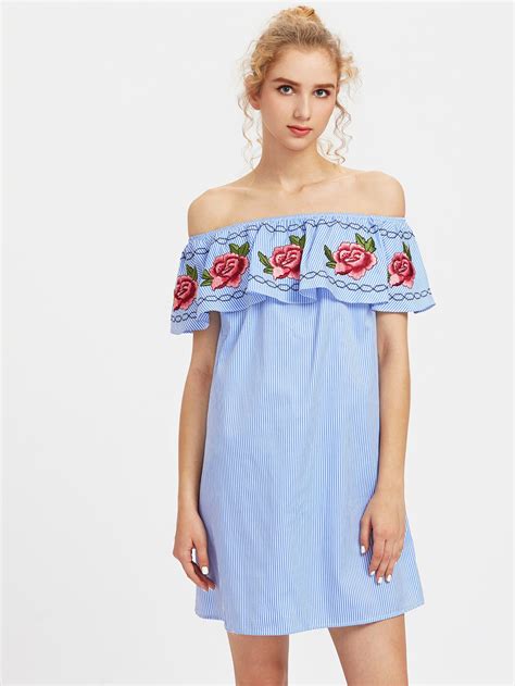 Shop Embroidered Flower Patch Frill Bardot Dress Online Shein Offers