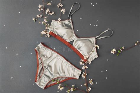 Set Of Female Silk Underwear With Spring Blossom Satin Bra With Lace