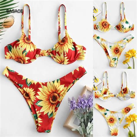 Sagace 2 Piece Bikini Set Women Summer Split Swimsuit Sexy Sunflower Print Push Up Pad Swimwear