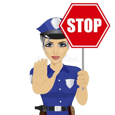 Young Policewoman Holding Stop Sign And Showing Stop Gesture Stock