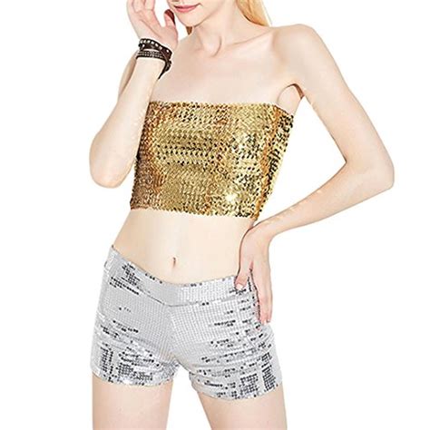 Naimo Womens Sparkly Bling Sequin Tube Top Sexy Stretchy Crop Top Party Costume Clubwear