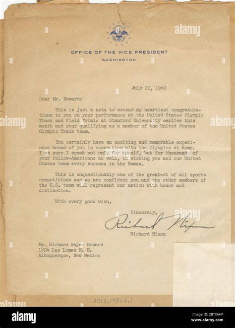 Letter To Richard Howard From Vice Pres Richard Nixon July 22 1960 A