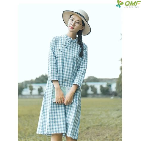 Preppy Style Cheongsam Dress Blue Plaid Summer Dresses 2018 Chinese