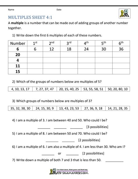 Multiples And Factors Worksheet Grade 6