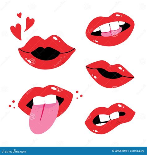 Set Collection Of Vector Red Lips Female Mouth Icons Open Mouths With Different Emotions