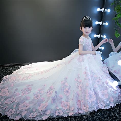 Luxury 2018 Long Tailing Ball Gown Kids Pageant Dress For Wedding