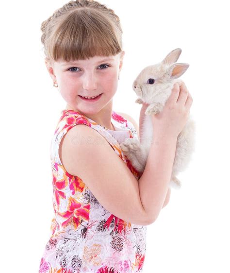 Cute Little Girl With Her Pet Rabbit Stock Photo Image Of Female
