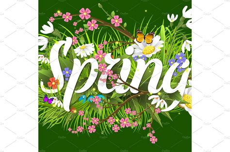 Spring Vector Text Lettering Background With Flower Floral Green Text