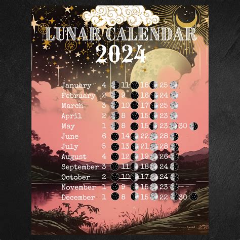 Lunar Calendar 2024 Printable Moon Phase Calendar 2024 Moon Etsy