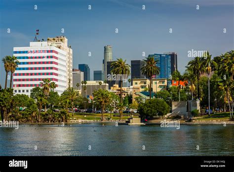 The Los Angeles Skyline And The Lake At Macarthur Park In Westlake