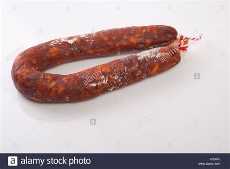Red Spanish Chorizo Sausage Isolated Over White Background Stock Photo