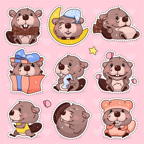 Cute Beaver Kawaii Cartoon Vector Character Set Adorable Happy And