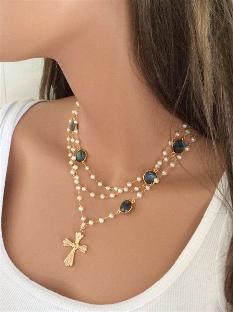 Cross Necklace 14kt Goldfilled Pearls By Divinitycollection Necklace
