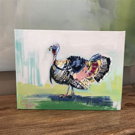 An Acrylic Painting Of A Turkey On A Wooden Table Next To A Wall
