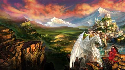 Fantasy Cute White Dragon Near A Girl Hd Dreamy Wallpapers Hd