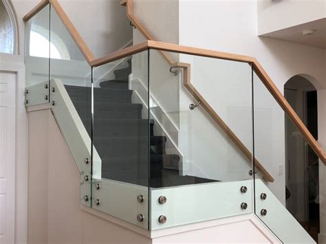 Glass Railings With Standoffs And Wood Handrail Staircase Miami