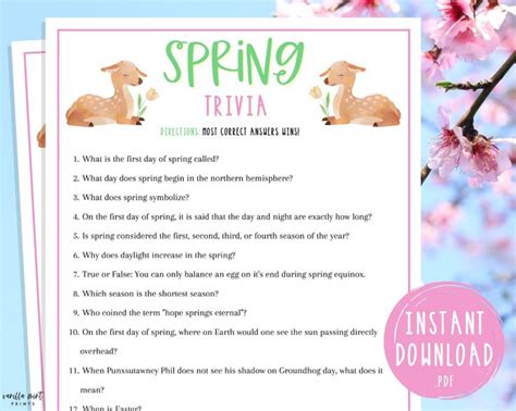 Spring Trivia Game Printable Springtime Games Party Games Spring