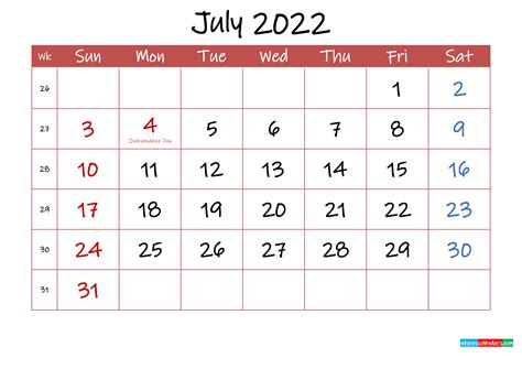July 2022 Calendar Free Printable Calendar Templates July 2022