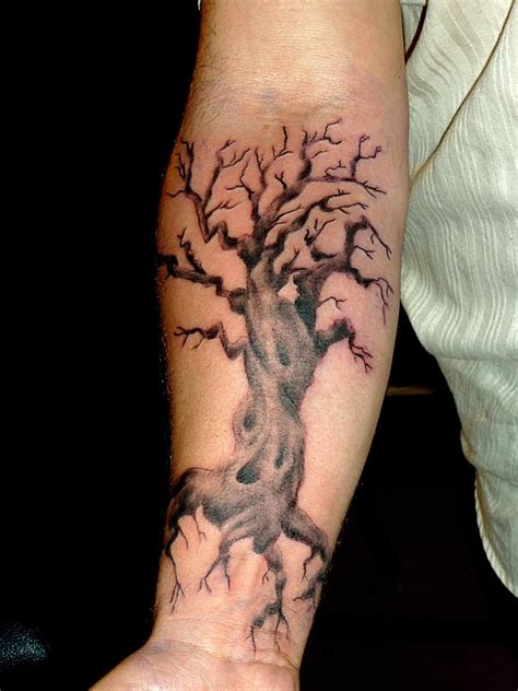 Black And Grey Gothic Tree Tattoo On Right Forearm Tree Tattoo Tree