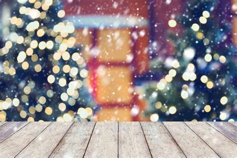 Bokeh Christmas Tree Outside With Wood Floor Photography Backdrop