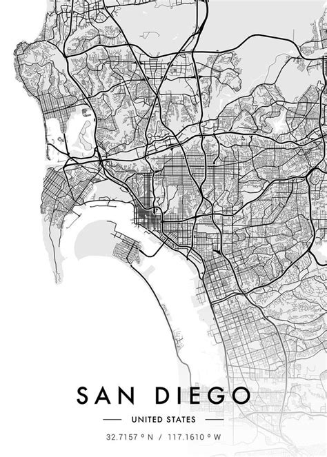 San Diego City Map White Poster By Mvdz Graphic Design Displate In