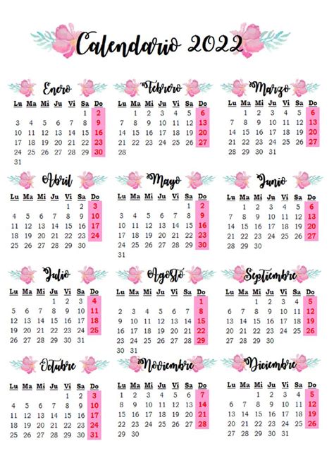 Calendario 2022 Con Flores Para Imprimir Zona De Información