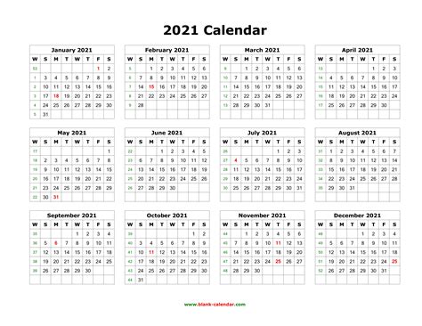 Printable 12 Month Calendar On One Page 2021 2021 Calendar