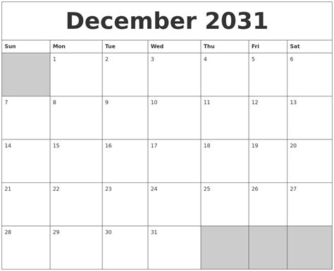 December 2031 Blank Printable Calendar