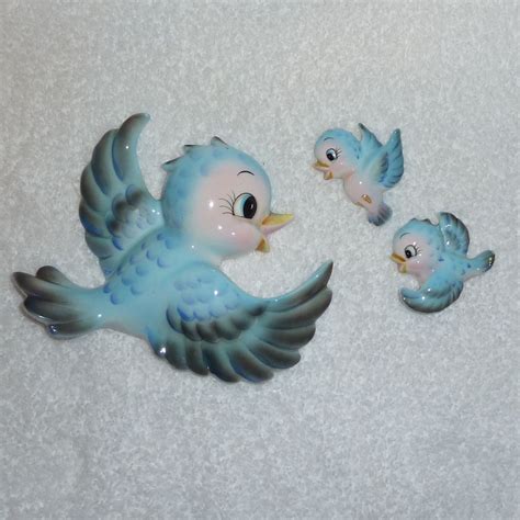Vintage Lefton Bluebird Wall Plaques 3 Mom Babies Blue Birds | Etsy