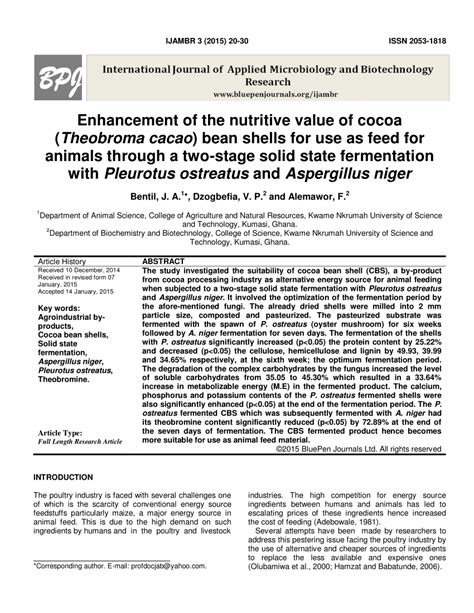 pdf enhancement of the nutritive value of cocoa theobroma cacao bean shells for use as feed