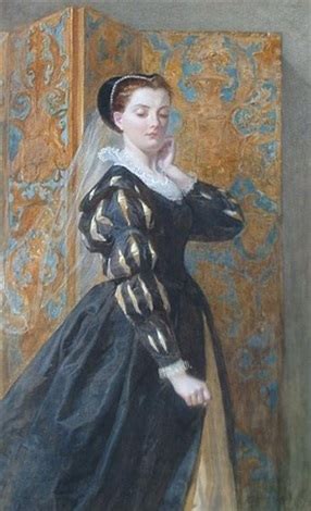 A Lady In Elizabethan Costume Standing Before A Screen By Walter